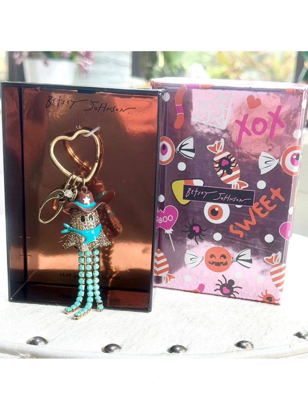 Betsey Johnson Ghost Cowboy Bag Charm Keychain Gold Crystal Turquoise Fringe NIB